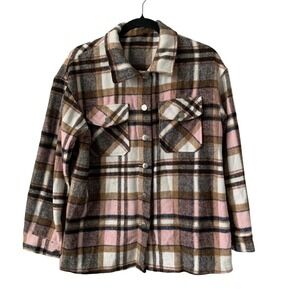 Unbranded Plaid Flannel Shacket Small Pink Brown Excellent Button Up Polyester